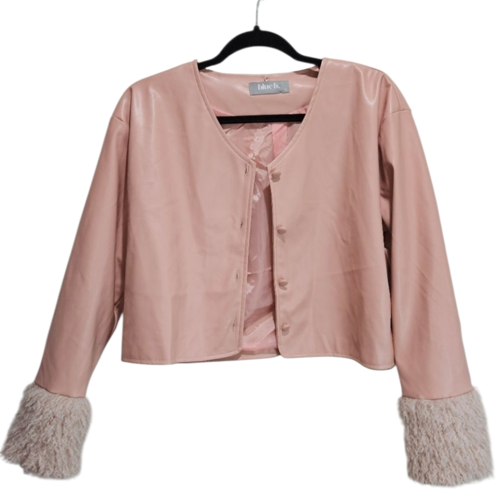 Blue B Pink Vegan Leather Crop Jacket Plush Faux Fur Cuffs Womens Size Small
